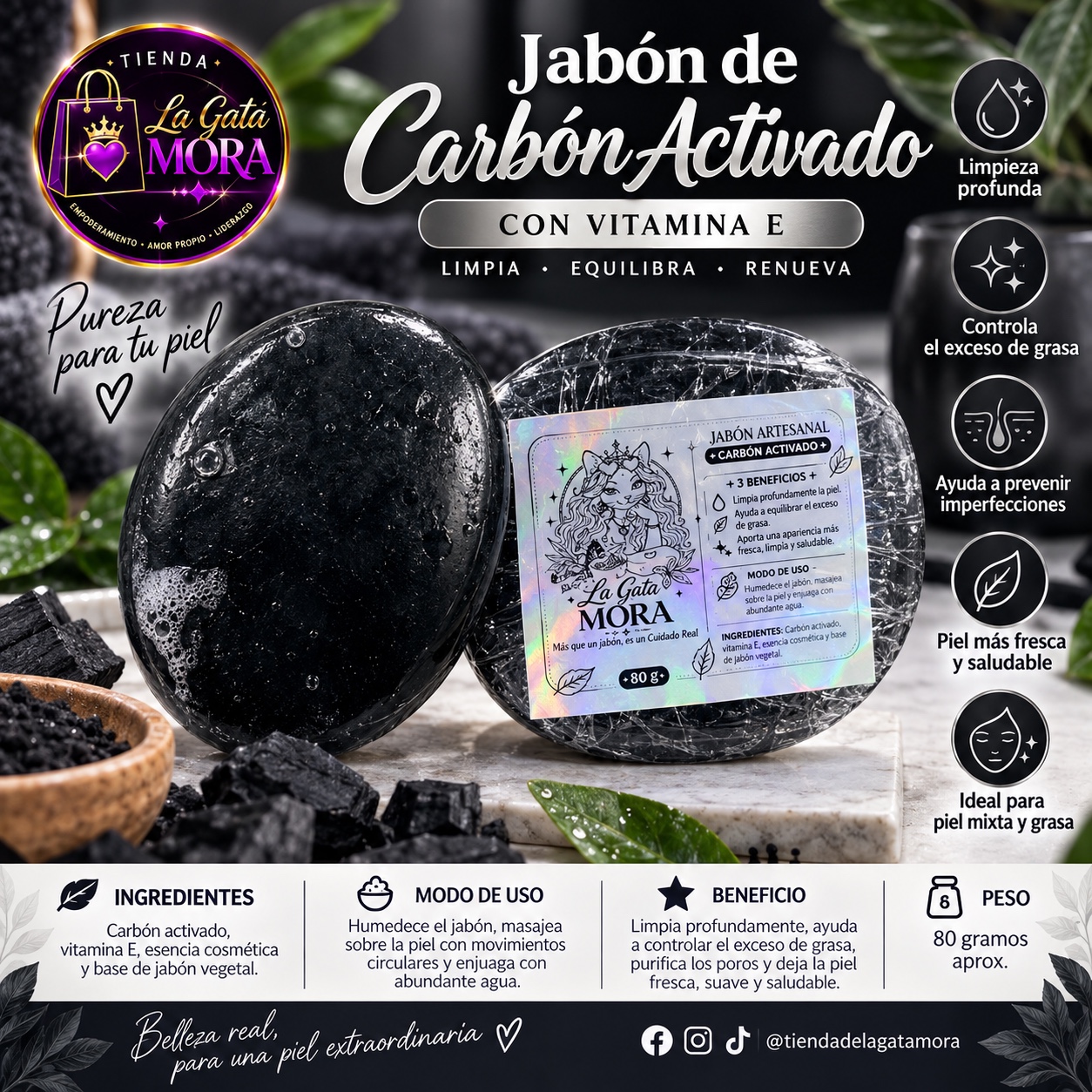 Presentación del jabón de carbón activado con vitamina E de La Gata Mora