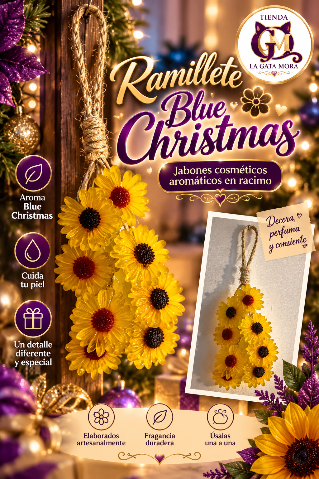 Ramillete de Girasoles en una ambientación navideña Blue Christmas de La Gata Mora