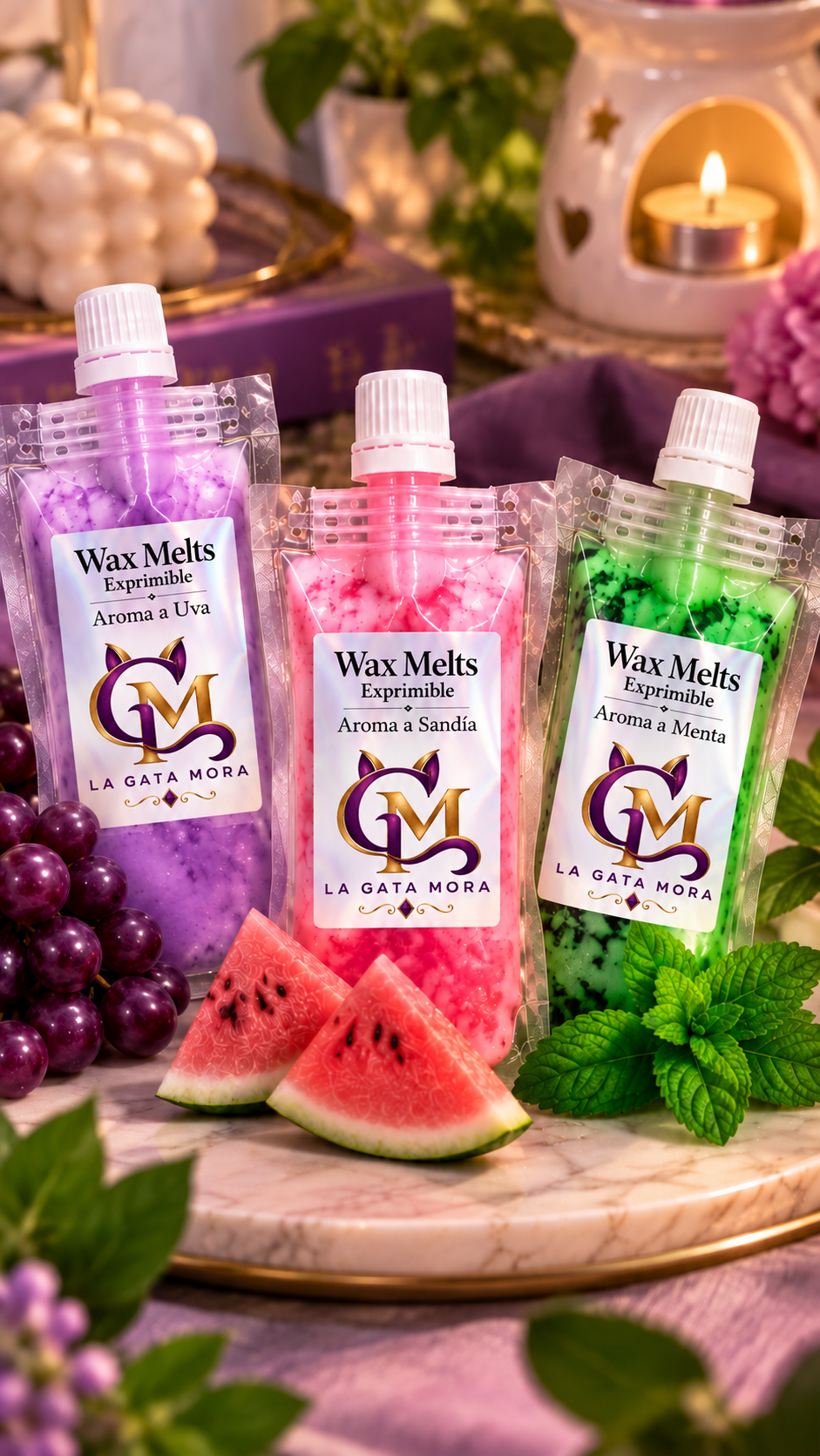 Wax Melts Exprimibles La Gata Mora en aromas de uva, sandía y menta, junto a un pebetero